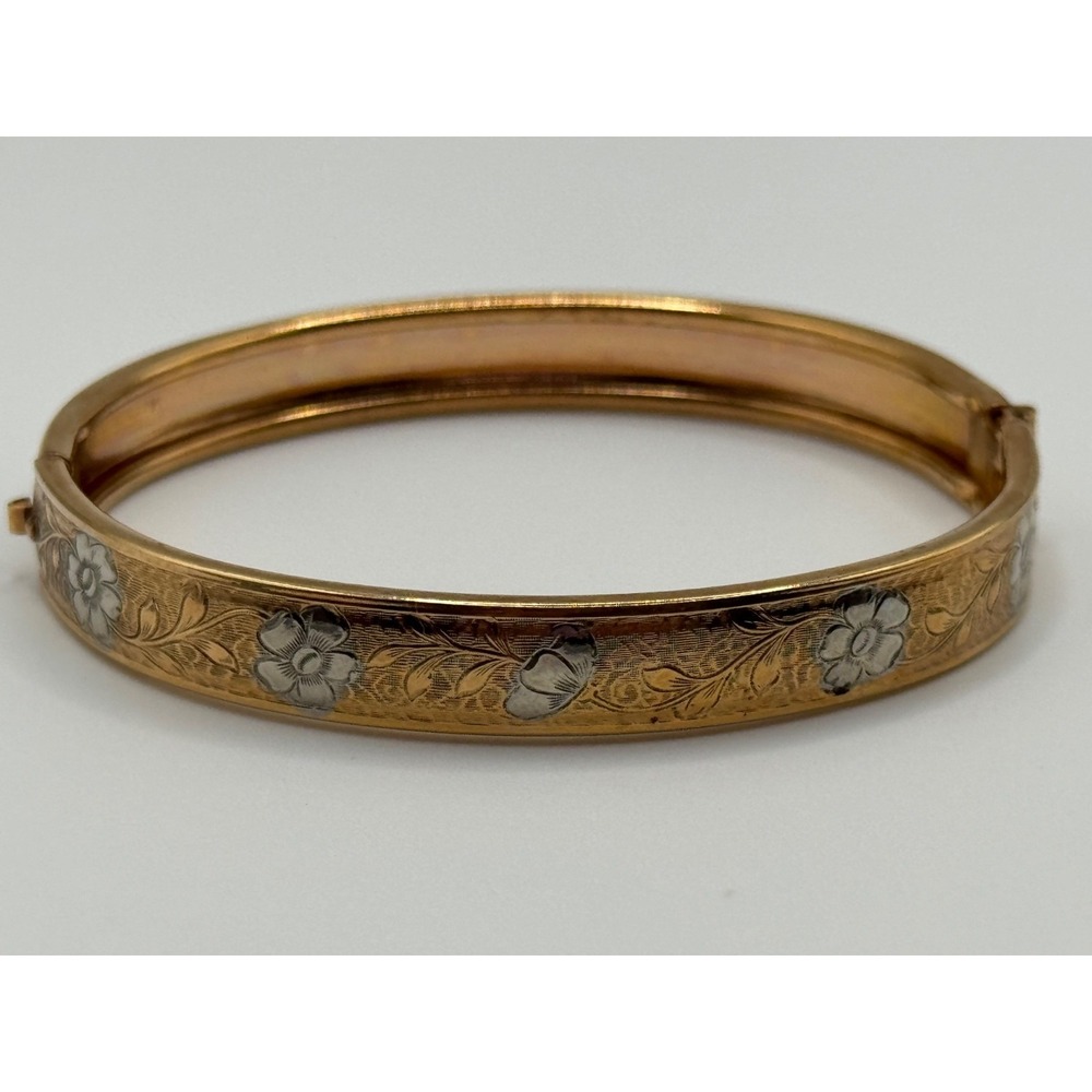 Vintage‎ Gold Tone and Silver Tone Flower Hinged Bangle Bracelet